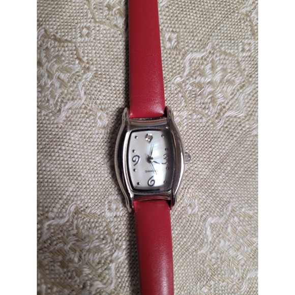 Accessories - Diamond Accent Mother of Pearl Watch Red Leather Band Japan Movt NEW